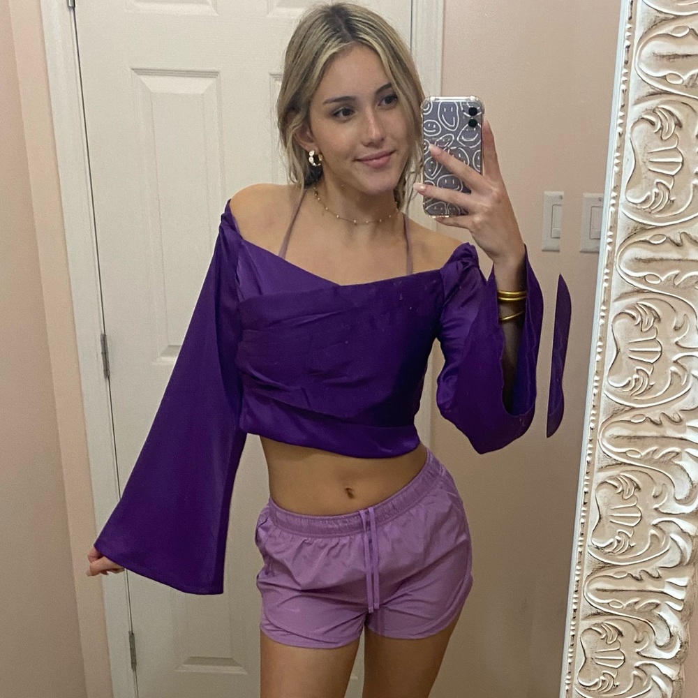 SATIN ROYAL PURPLE FLOWY LONG SLEEVE CORSET STYLE TOP💜